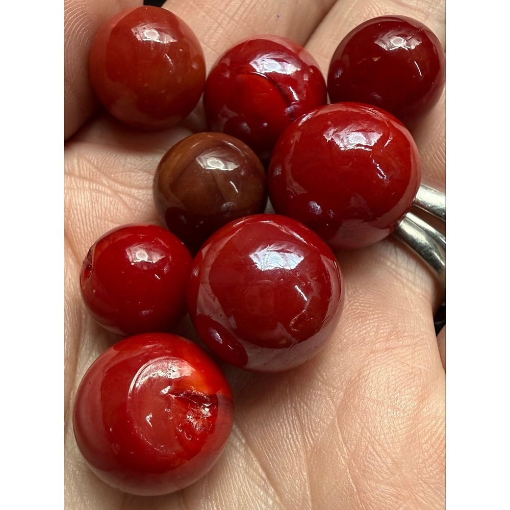ML 8 Glass Marbles Set 7  Red + 1 Brown Swirl w/some UV Reactive Orange Glow
